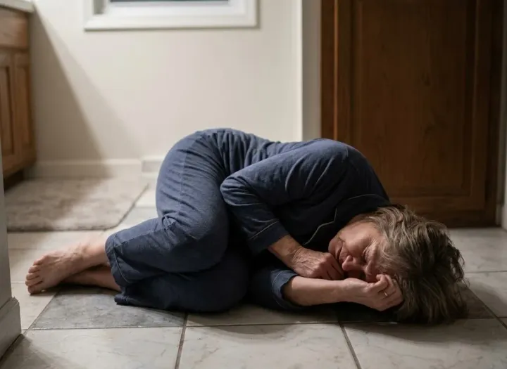AI generated image of a woman lying on a bathroom floor in a foetal position.