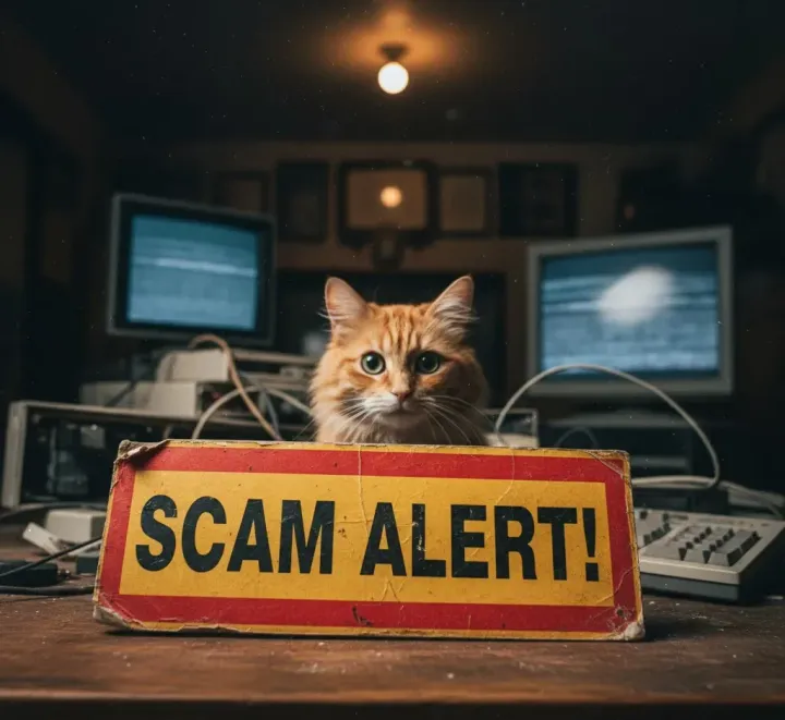 Ai Generated phot of a cat holding a sign that says scam alert! The article below it discusses the Kittysupps taurine scam.