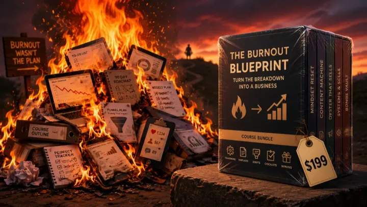 AI Generated image showing a bonfire of pdfs and items referring to making money online