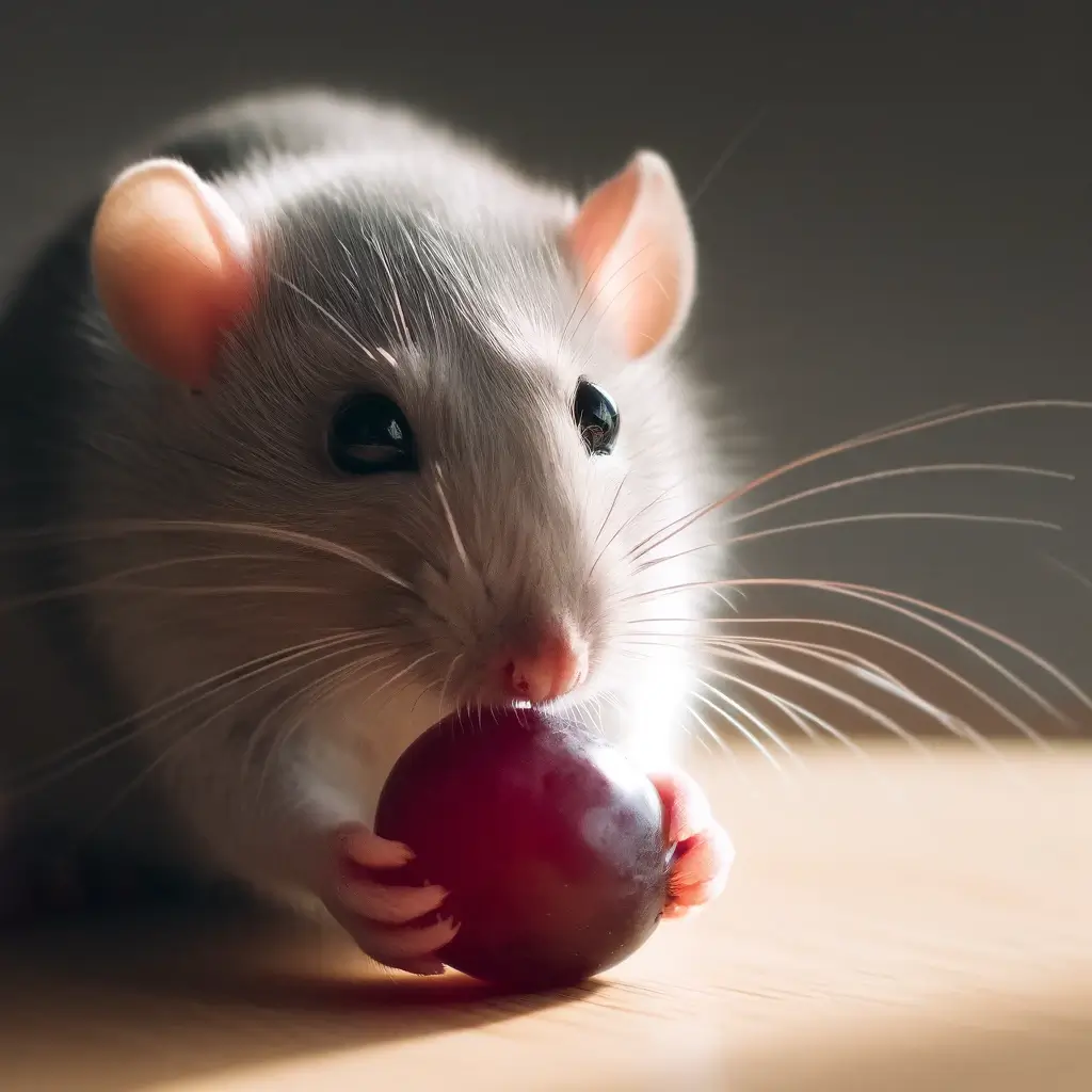 A close-up photo of a pet rat, nibbling on a grape