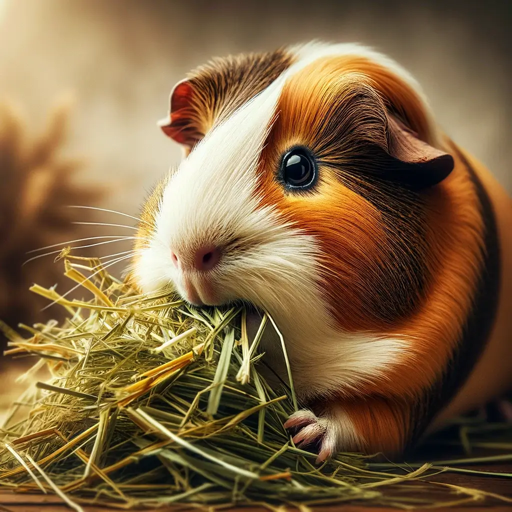 A guinea pig eating Timothy hay