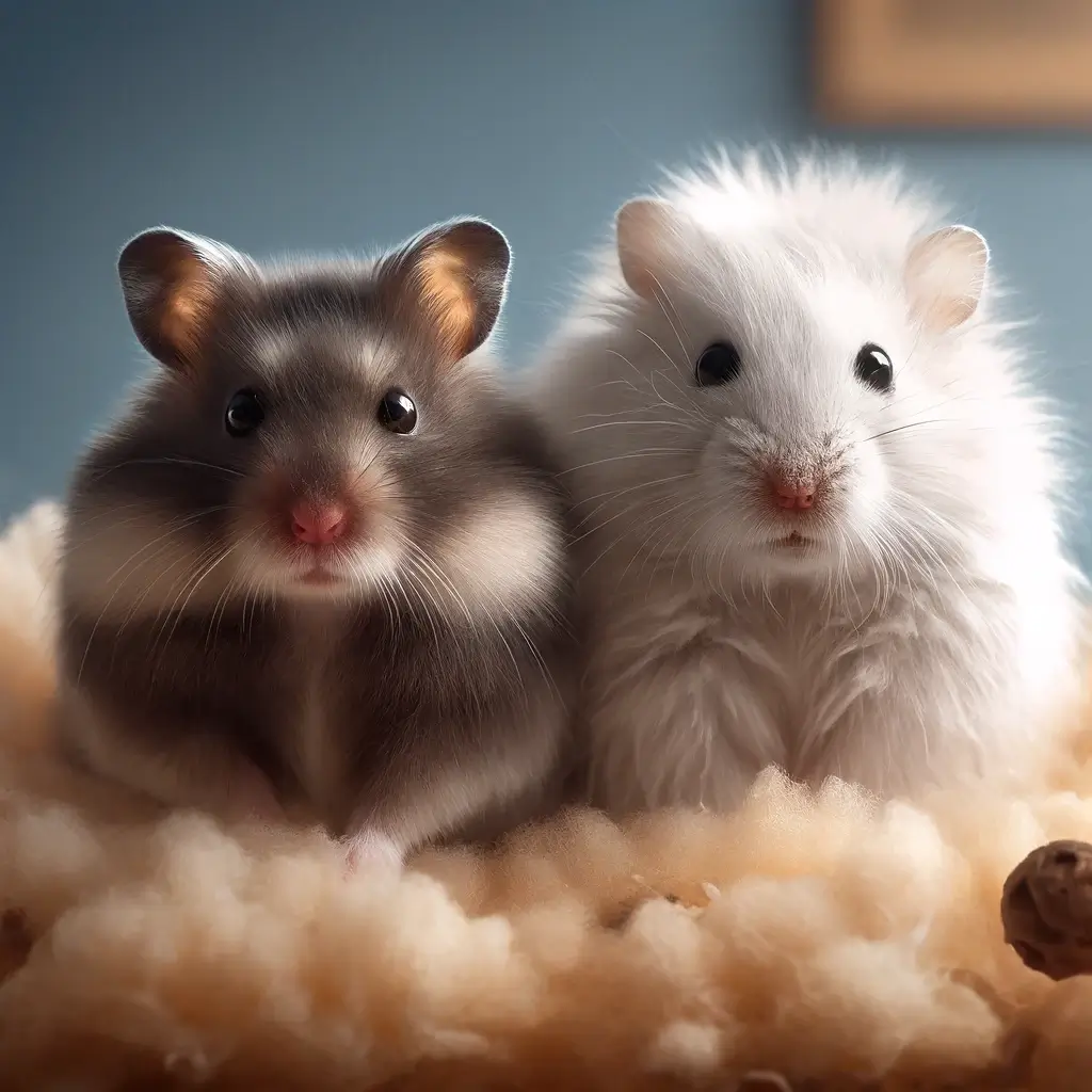 Two Djungarian hamsters sitting closely together