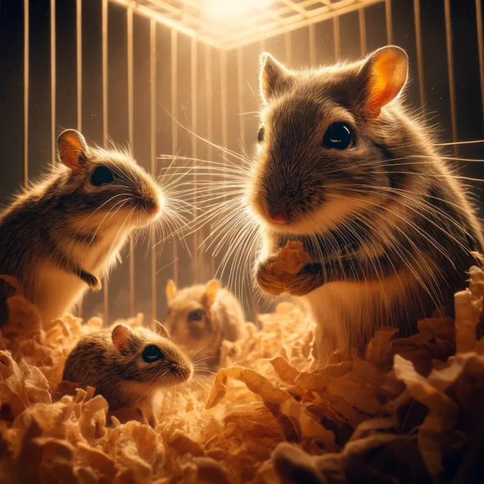 three gerbils in a cage filled with shredded paper bedding